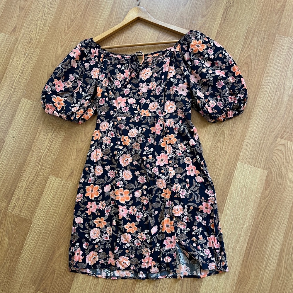 Floral Puff Sleeve Mini Dress Navy Blue Pink Size M Old Navy Womens Cottage Boho